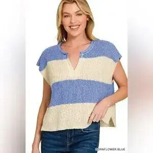 Zenana Split Neck Sleeveless Stripe Sweater